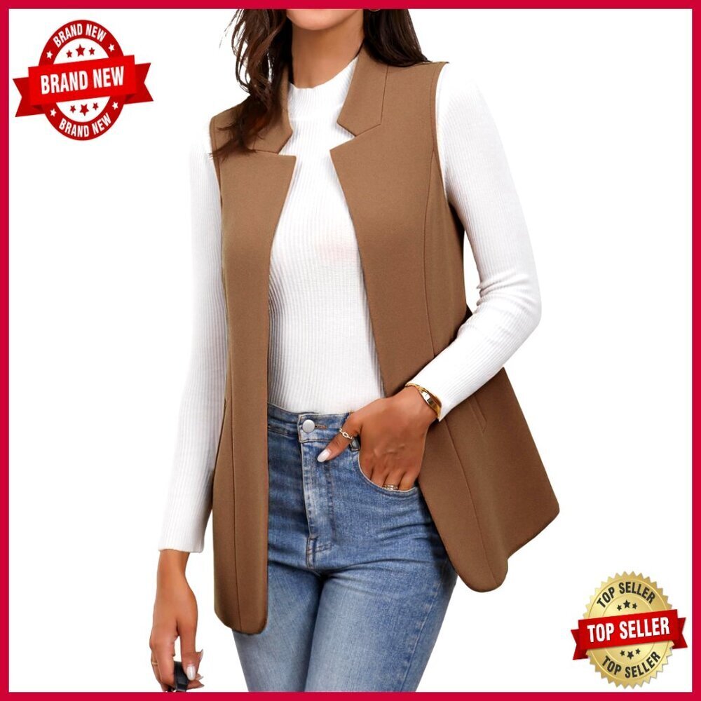 Wool Blend Long Vest Sleeveless Blazer Open Front Cardigan Trench Coat